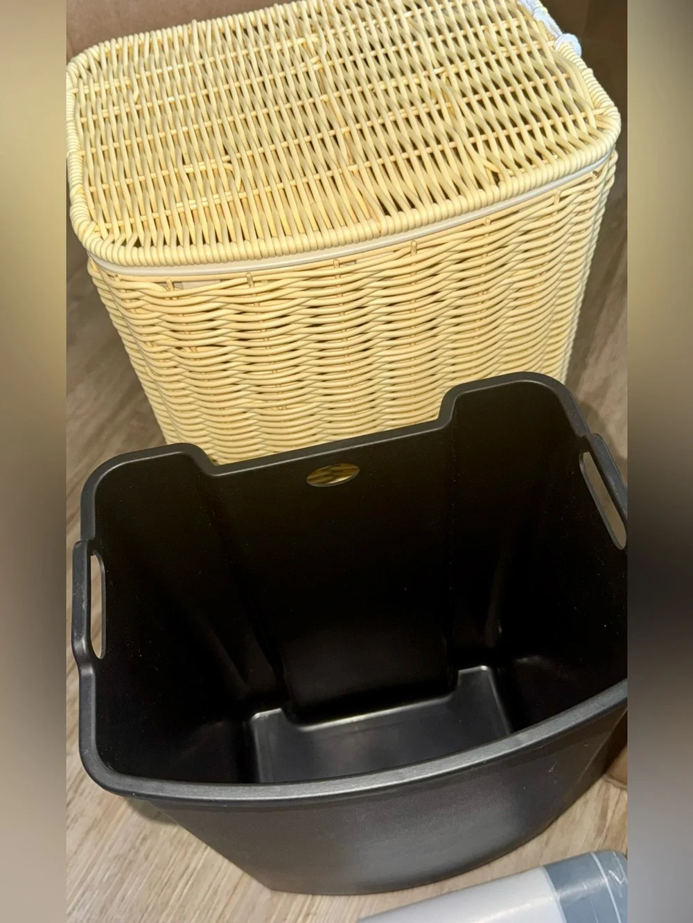 Handwoven Faux Rattan Trash Can Wicker Soft Slow Close Lid, Gold Tone Foot Pedal